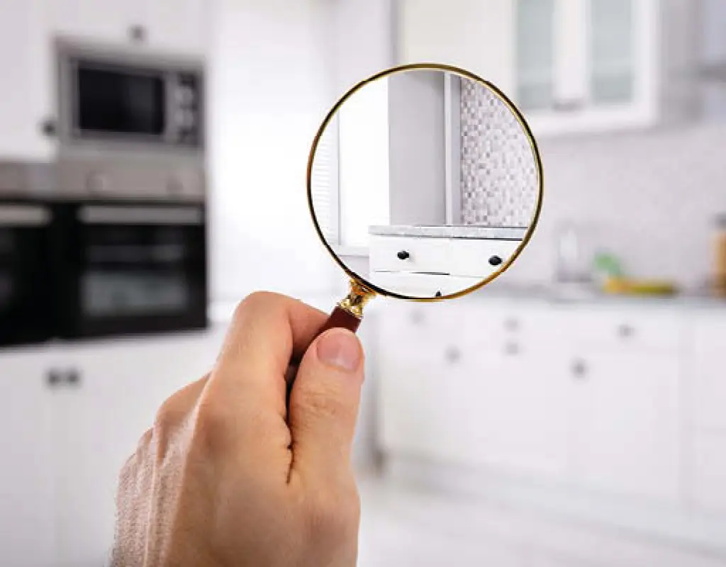 Hand hält Lupe vor einer weißen modernen Küche, um Details wie Fronten, Arbeitsplatten und Verarbeitung zu prüfen. Symbol für Qualitätskontrolle, sorgfältige Küchenplanung und hochwertige Materialien.